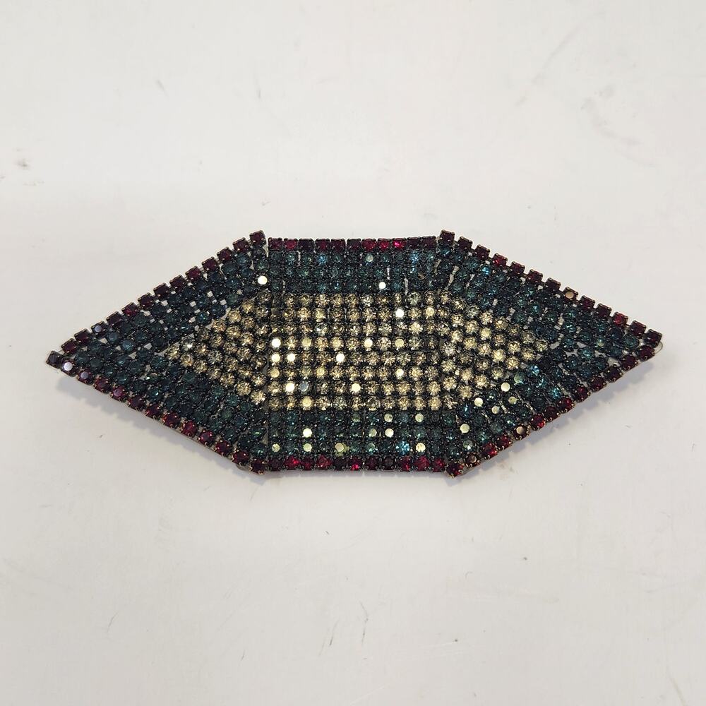 Roxanne Assoulin Geometric Brooch Pin Rhinestone Red Green Clear Art Deco Style